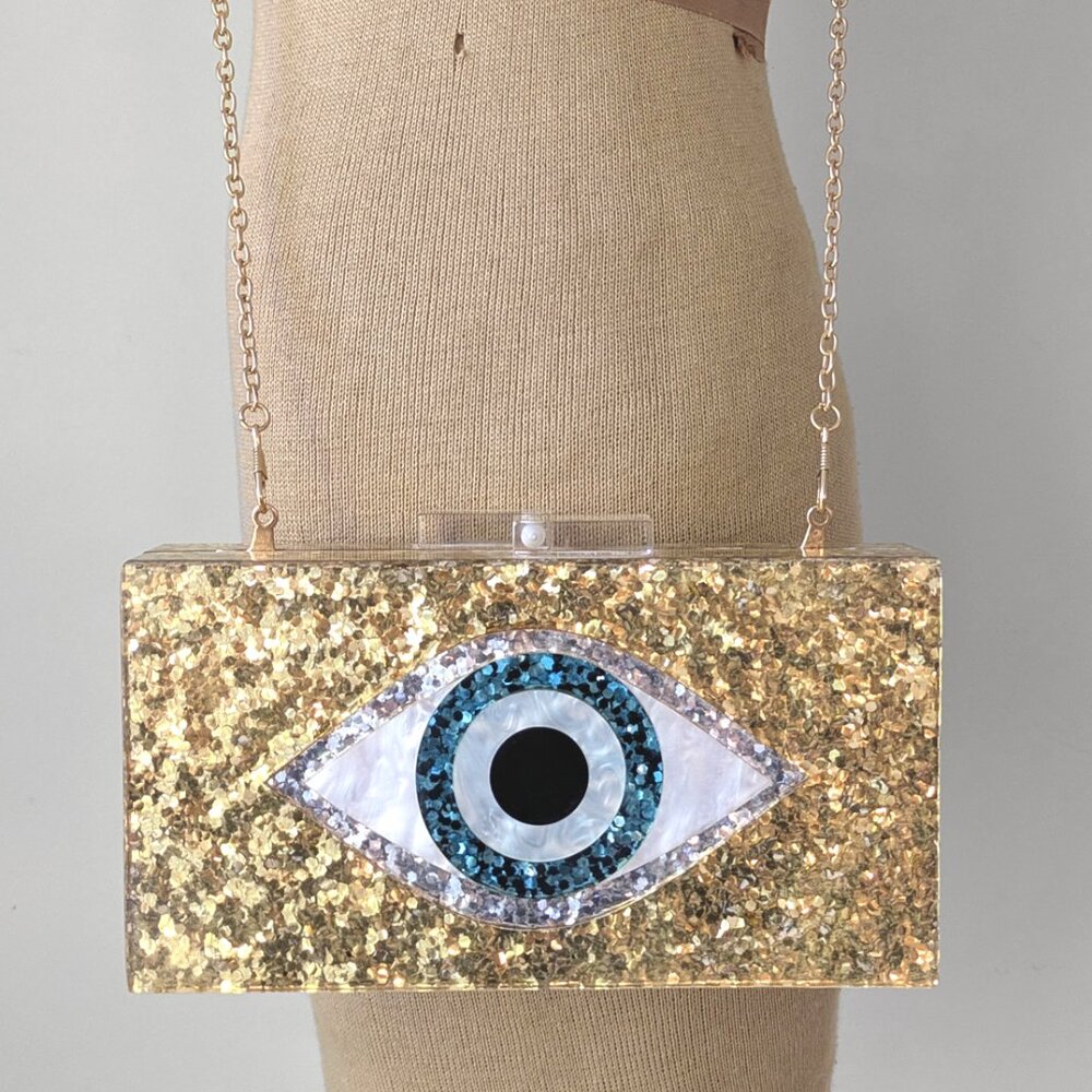 Evil Eye Gold Glitter Acrylic Gold Chain Crossbody Convertible Clutch